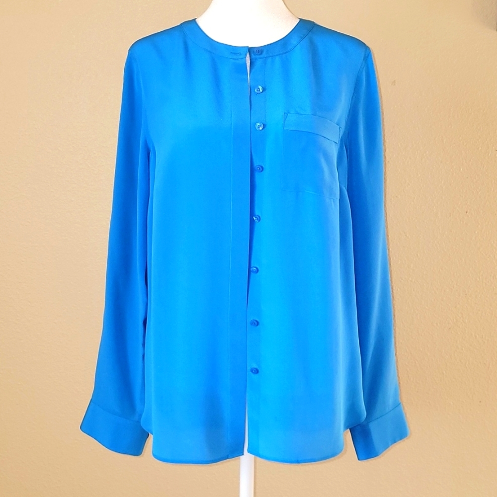 Talbots 100% Silk Blouse S Bright Blue Washable Silk Minimalist Luxe Top - Picture 3 of 17